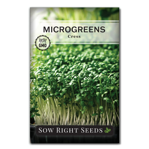 Sow Right Seeds cress microgreens seed packet and instructions for easy indoor growing.