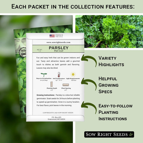 Sow Right Seeds curly parsley packet showing curly leaves for garnishes