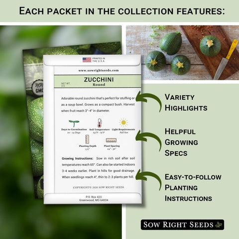 Sow Right Seeds Grey zucchini seed packet ideal for quick container growing.