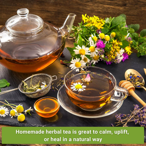 Sow Right Seeds harvest-ready tea herbs in a bowl for flavorful blends