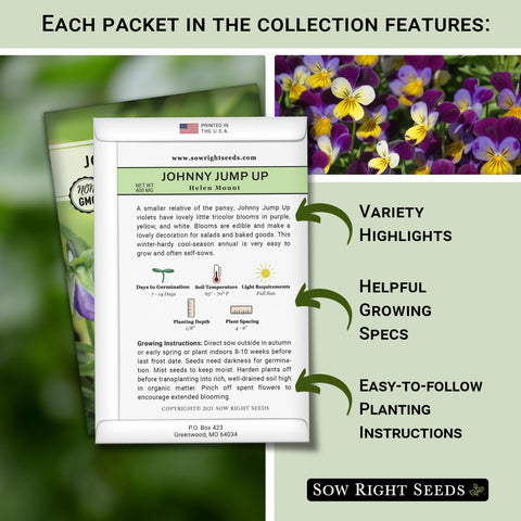 Sow Right Seeds Johnny Jump Up packet features purple violas for compact shade beds.