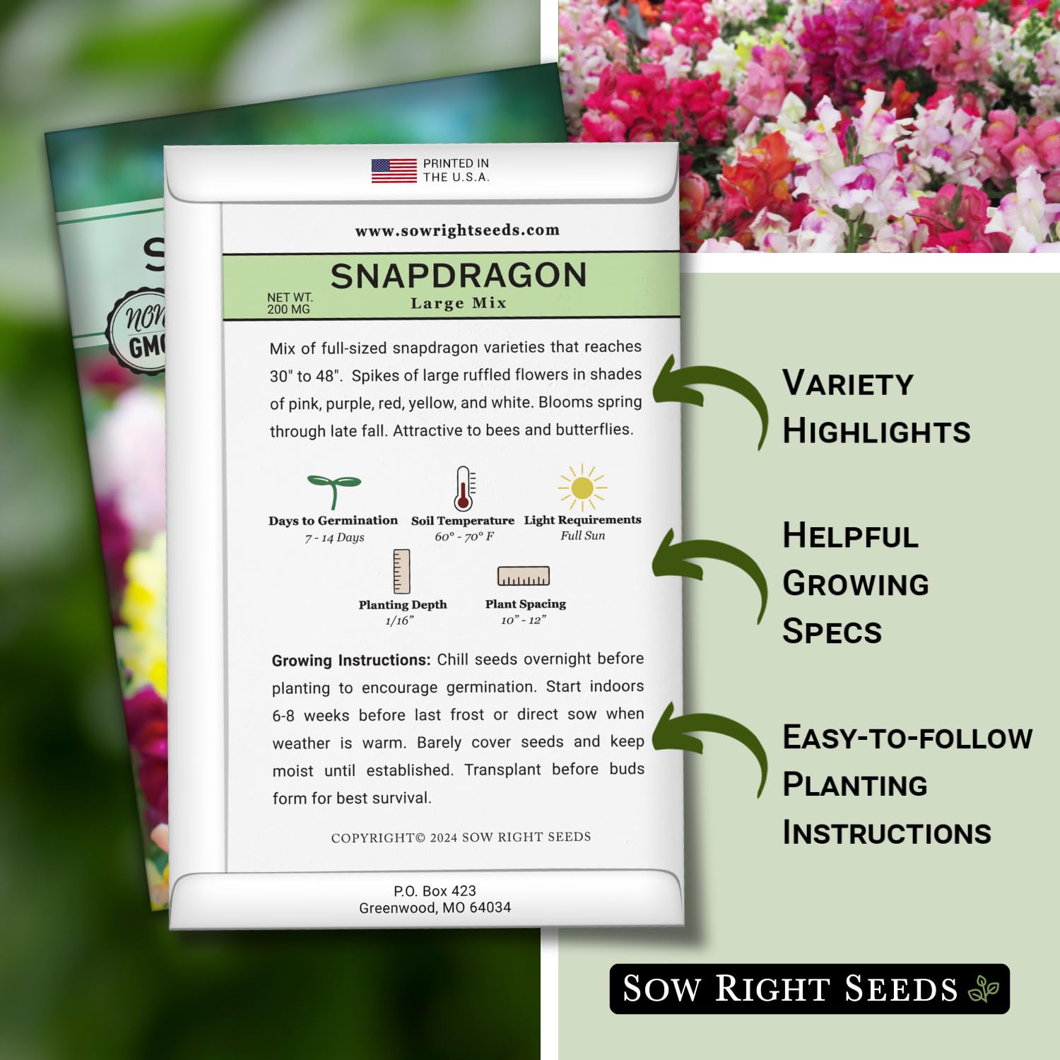 Sow Right Seeds Large Mixed Snapdragon creates tall, colorful spikes for vibrant garden beds and borders.