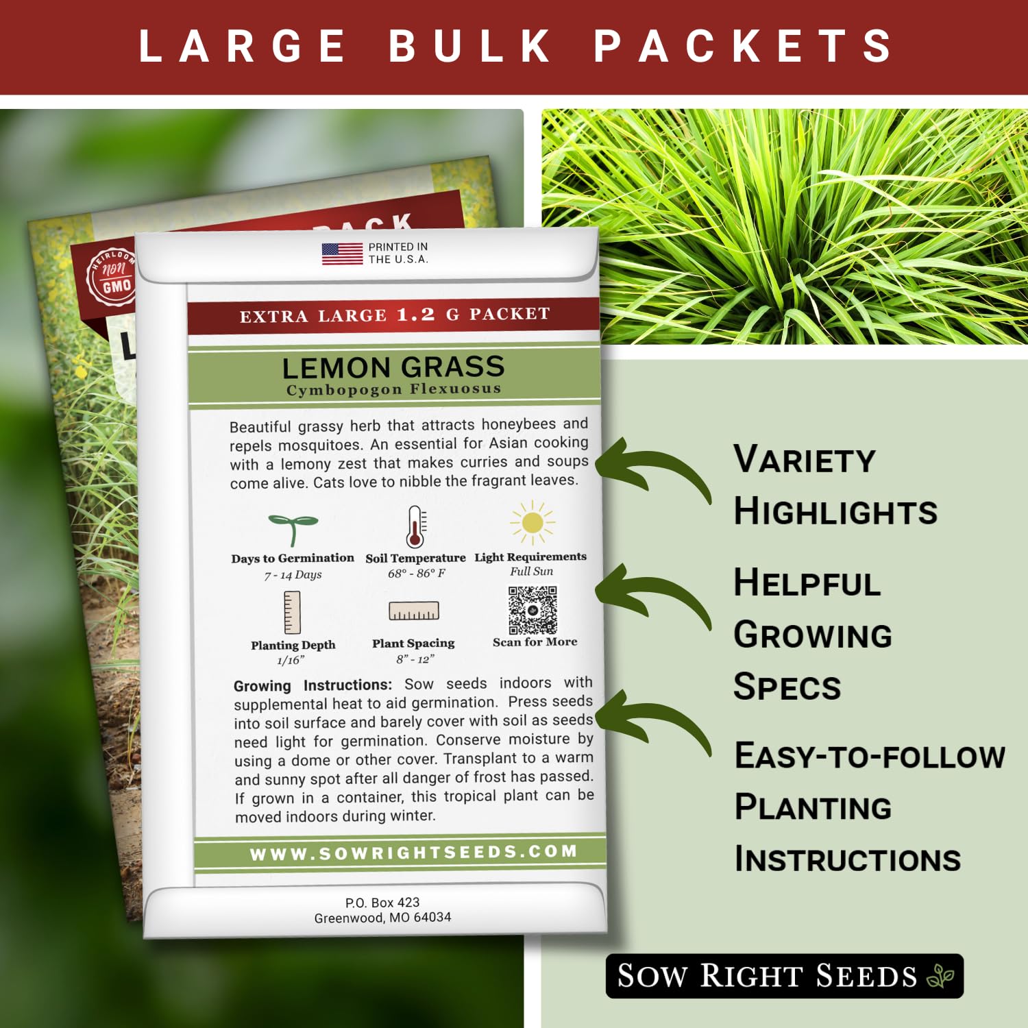 Sow Right Seeds Lemon Grass seeds for easy indoor-outdoor planting and fresh aromatics.