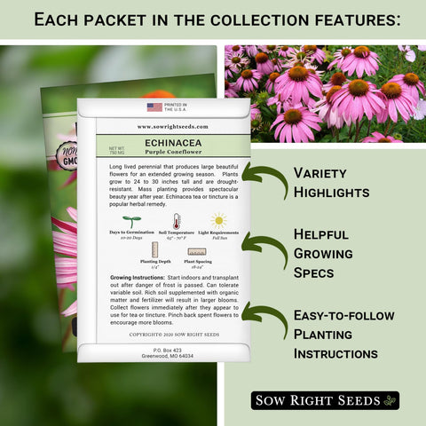 Sow Right Seeds Echinacea seed packet for teas and home tinctures.