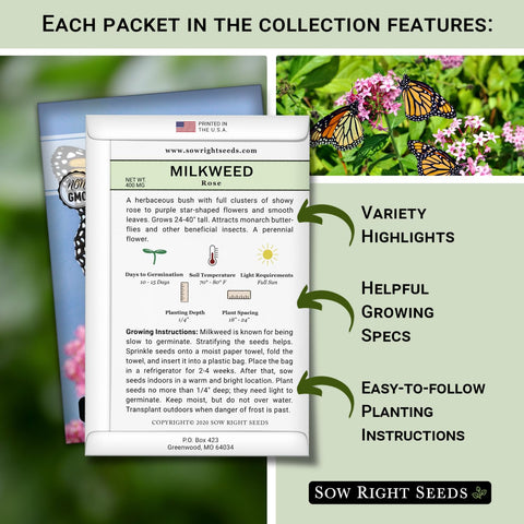 Sow Right Seeds milkweed rose packet for ornamental host plant and butterflies.