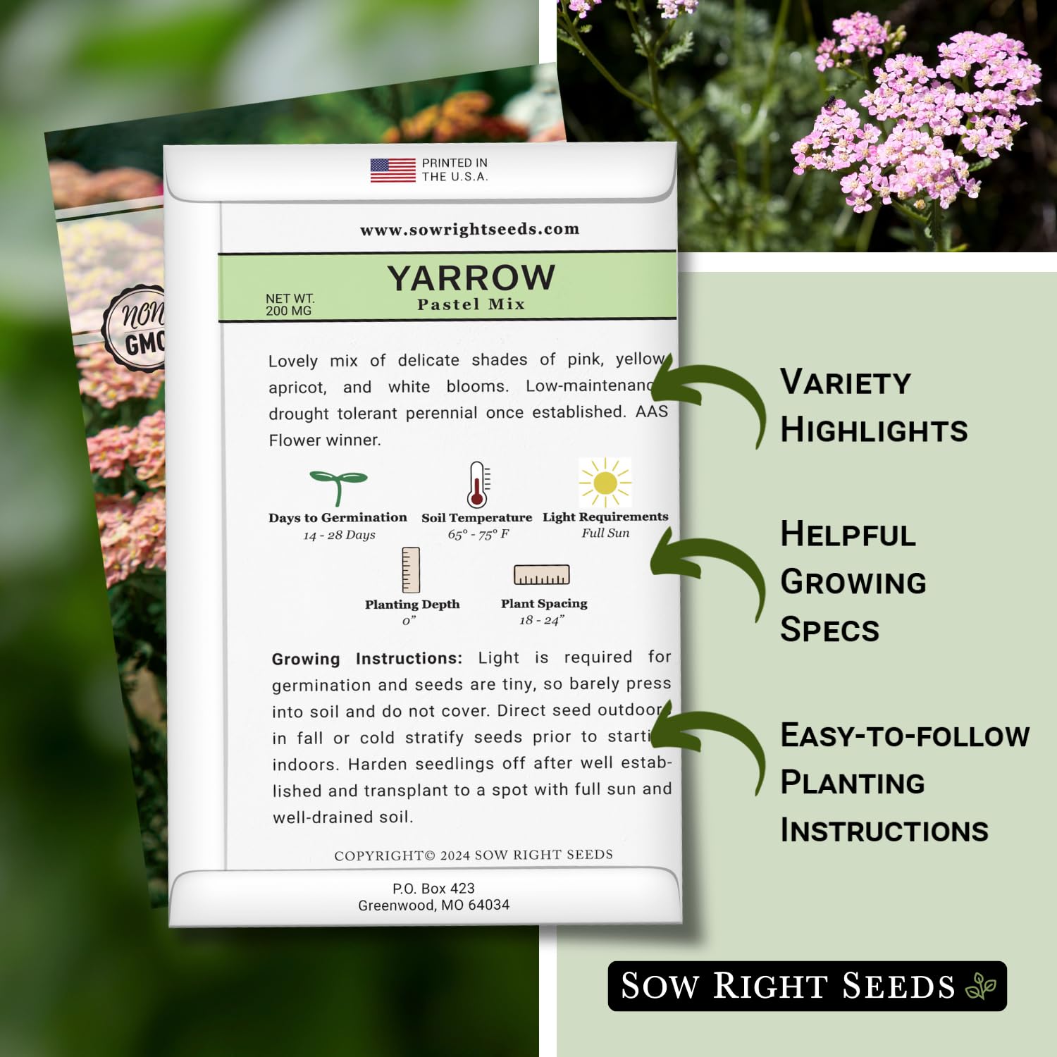 Sow Right Seeds Pastel Mix Yarrow close-up of pink, apricot, and white petals