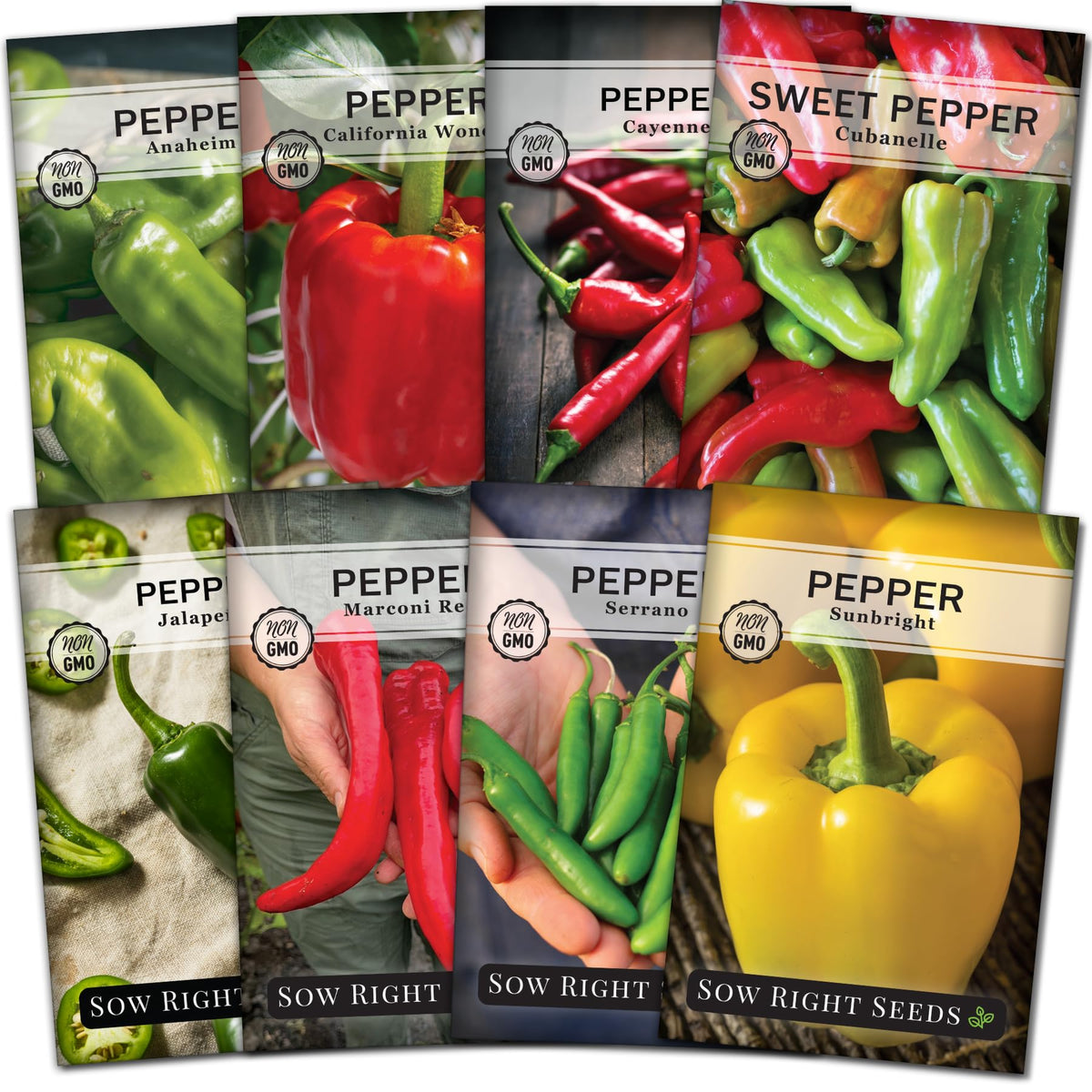 Sow Right Seeds pepper seed packets display eight varieties for garden planning