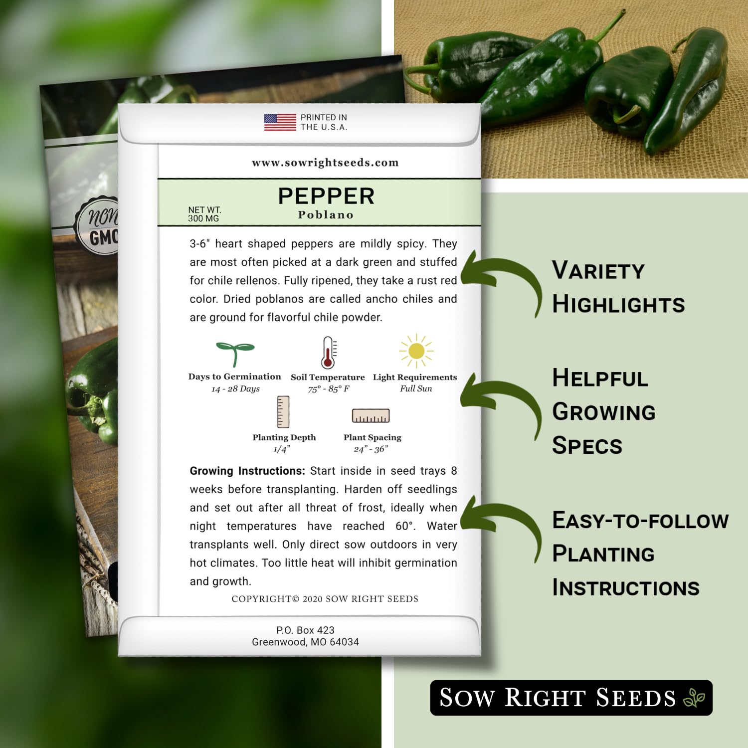 Sow Right Seeds Poblano seeds in garden setup showing germination readiness