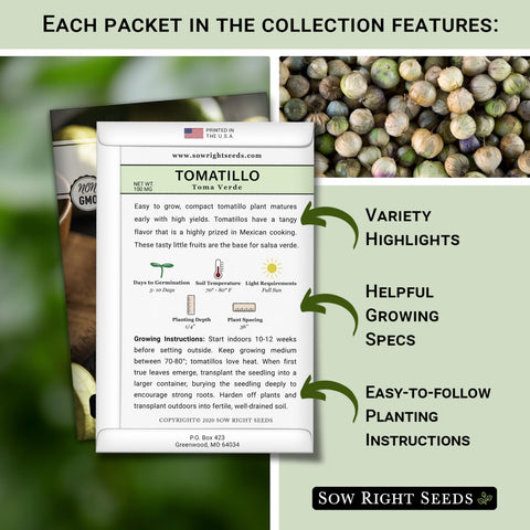 Sow Right Seeds Purple Tomatillo seed packet for vibrant salsa verde.