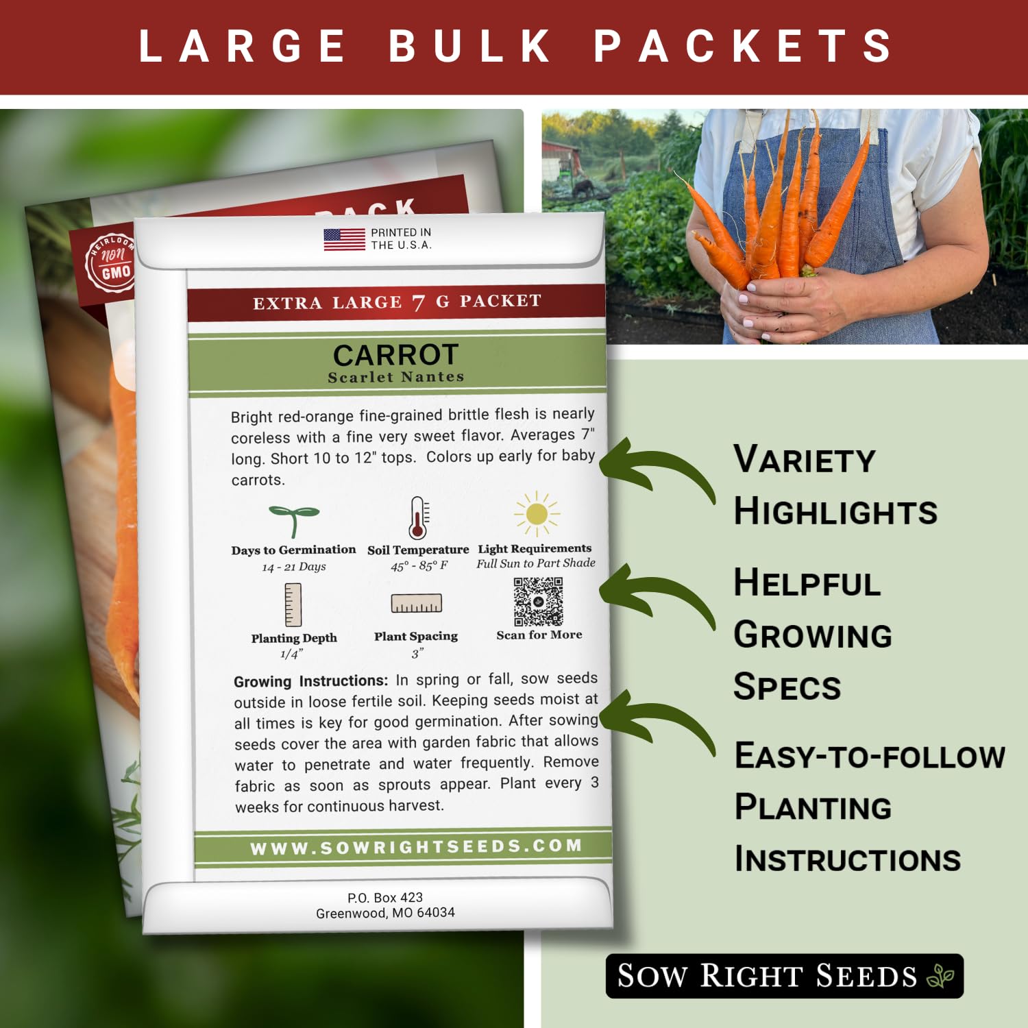 Sow Right Seeds Scarlet Nantes seeds closeup reveals vibrant color and fine flesh