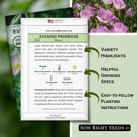Sow Right Seeds Showy Evening Primrose pink-bloom wide-shot showing abundant blooms for low-maintenance color