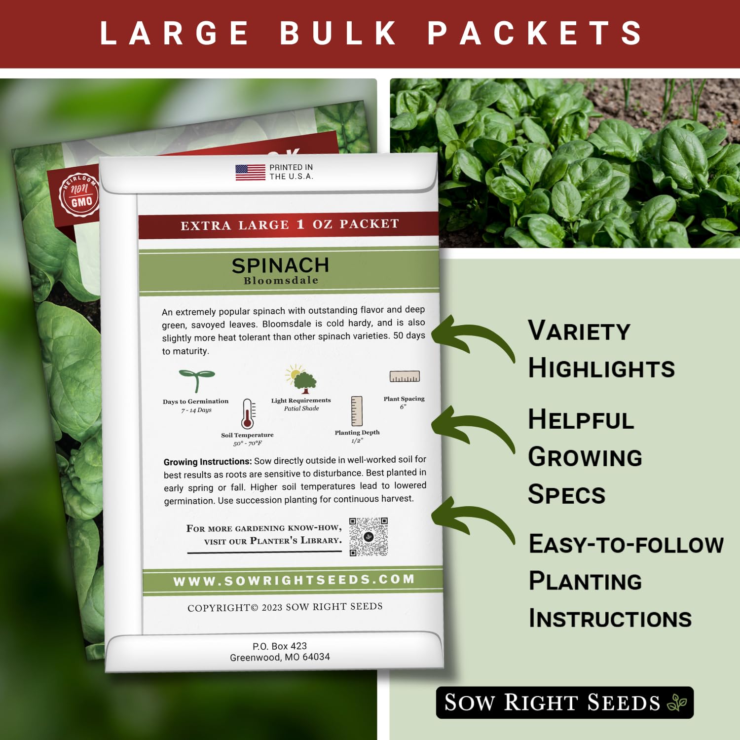 Sow Right Seeds spinach seeds 1oz 2400 for abundant yields throughout cool seasons.