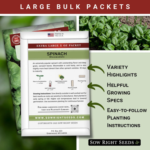 Sow Right Seeds spinach seeds 1oz 2400 for abundant yields throughout cool seasons.