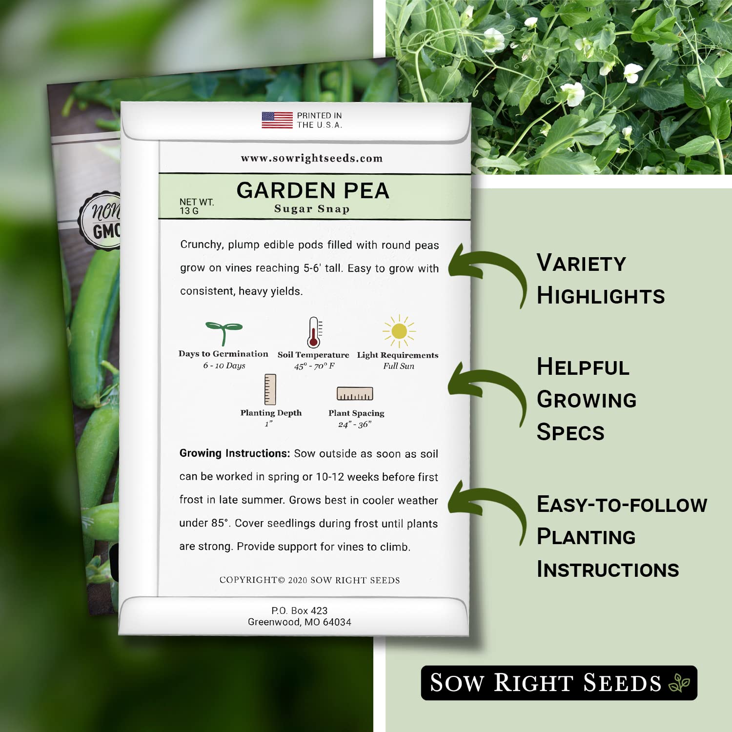 Sow Right Seeds Sugar Snap Peas vines growing tall for abundant harvest
