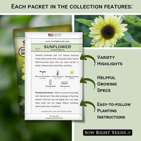 Sow Right Seeds Sungold sunflower packet with bright orange petals attracting bees.