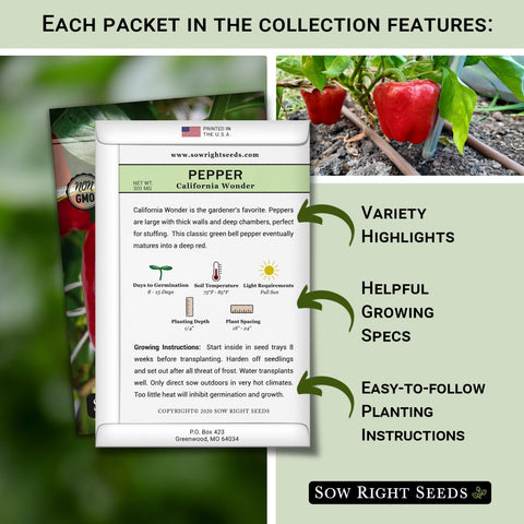 Sow Right Seeds Sunbright pepper seed packet designed for easy germination and colorful harvests.