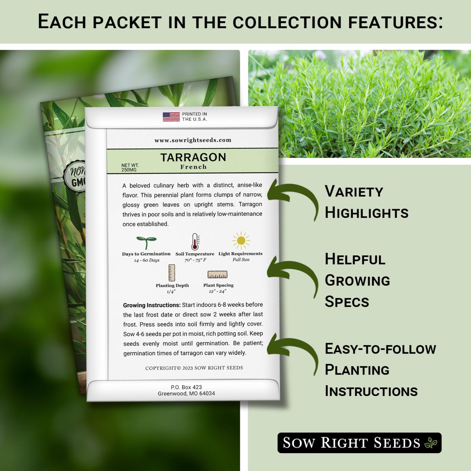 Sow Right Seeds indoor-outdoor tarragon setup image highlights compact herb garden.