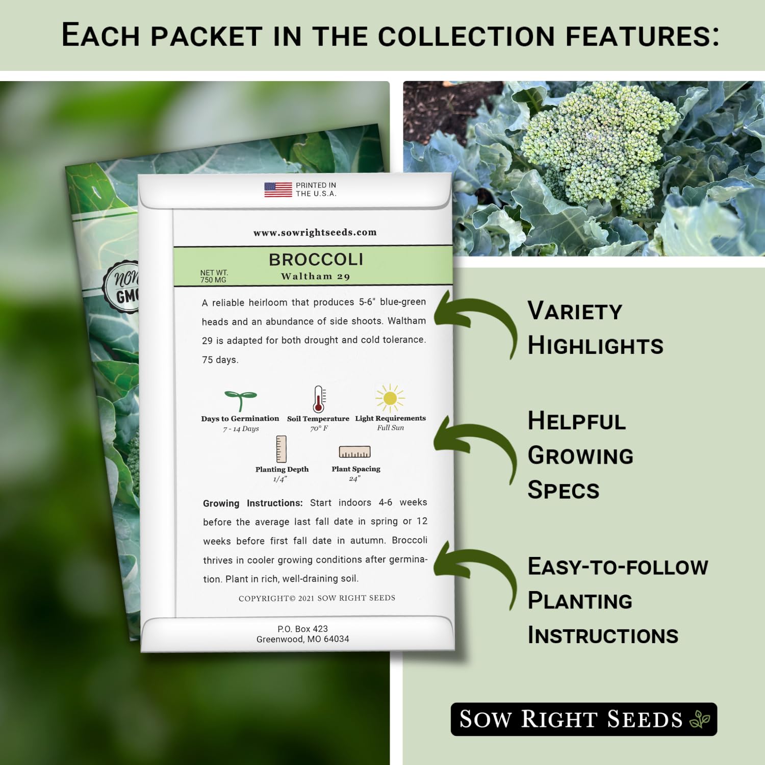 Sow Right Seeds waltham 29 packet for reliable home broccoli yields.