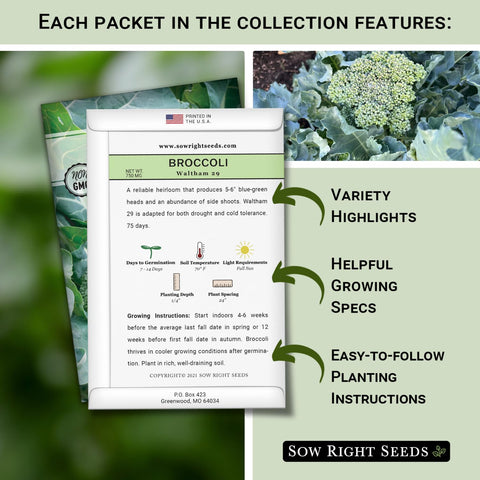 Sow Right Seeds waltham 29 packet for reliable home broccoli yields.