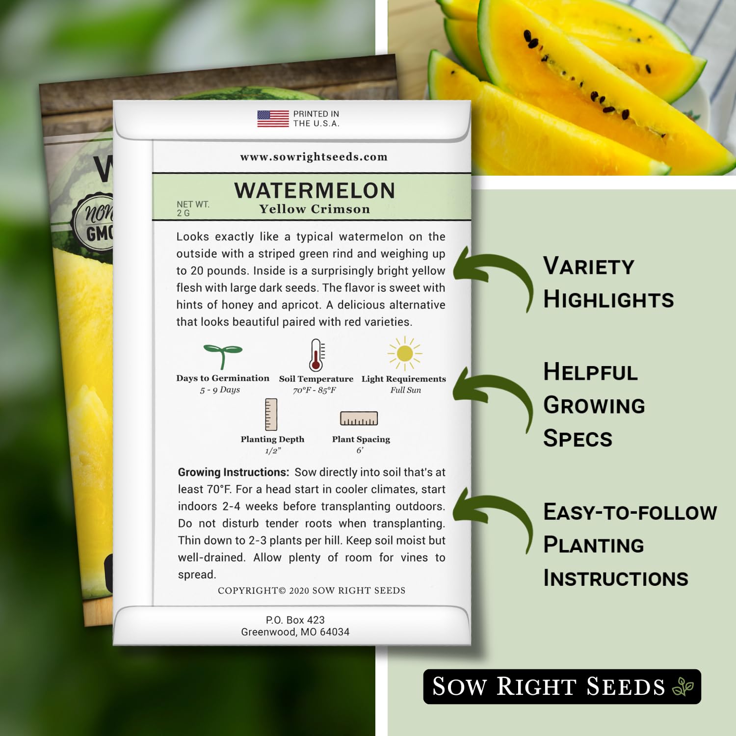 Sow Right Seeds Yellow Crimson Sweet watermelon yellow flesh close-up highlighting unique fruit.