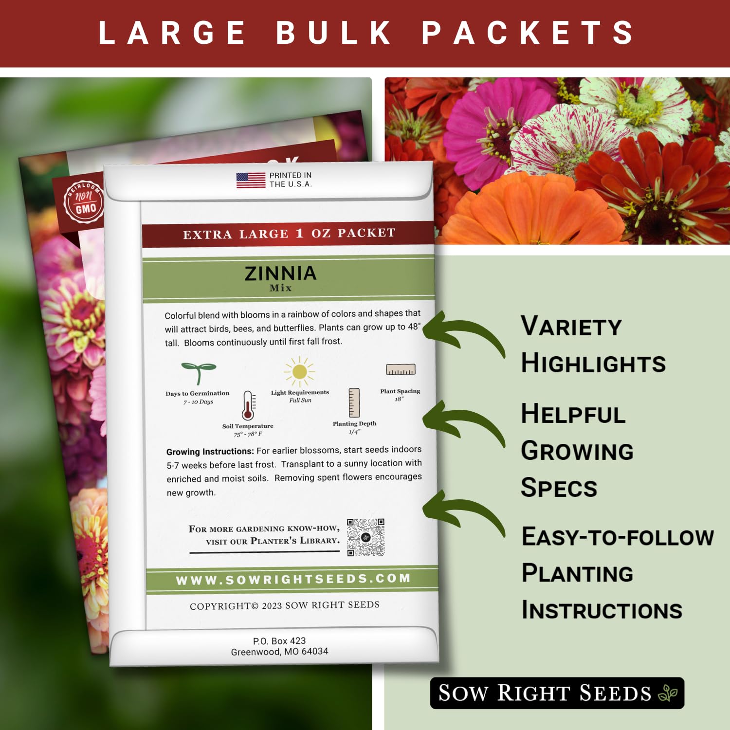 Sow Right Seeds zinnia color mix blooms bright garden color great for bed displays.