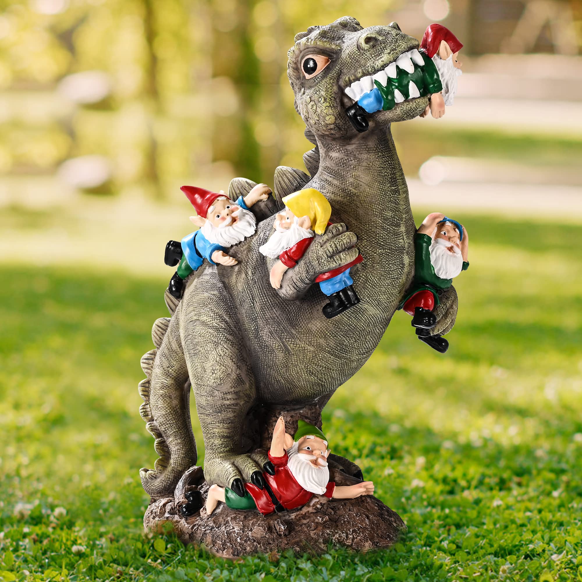 SOWSUN dinosaur gnome garden statue adds playful charm to outdoor space.