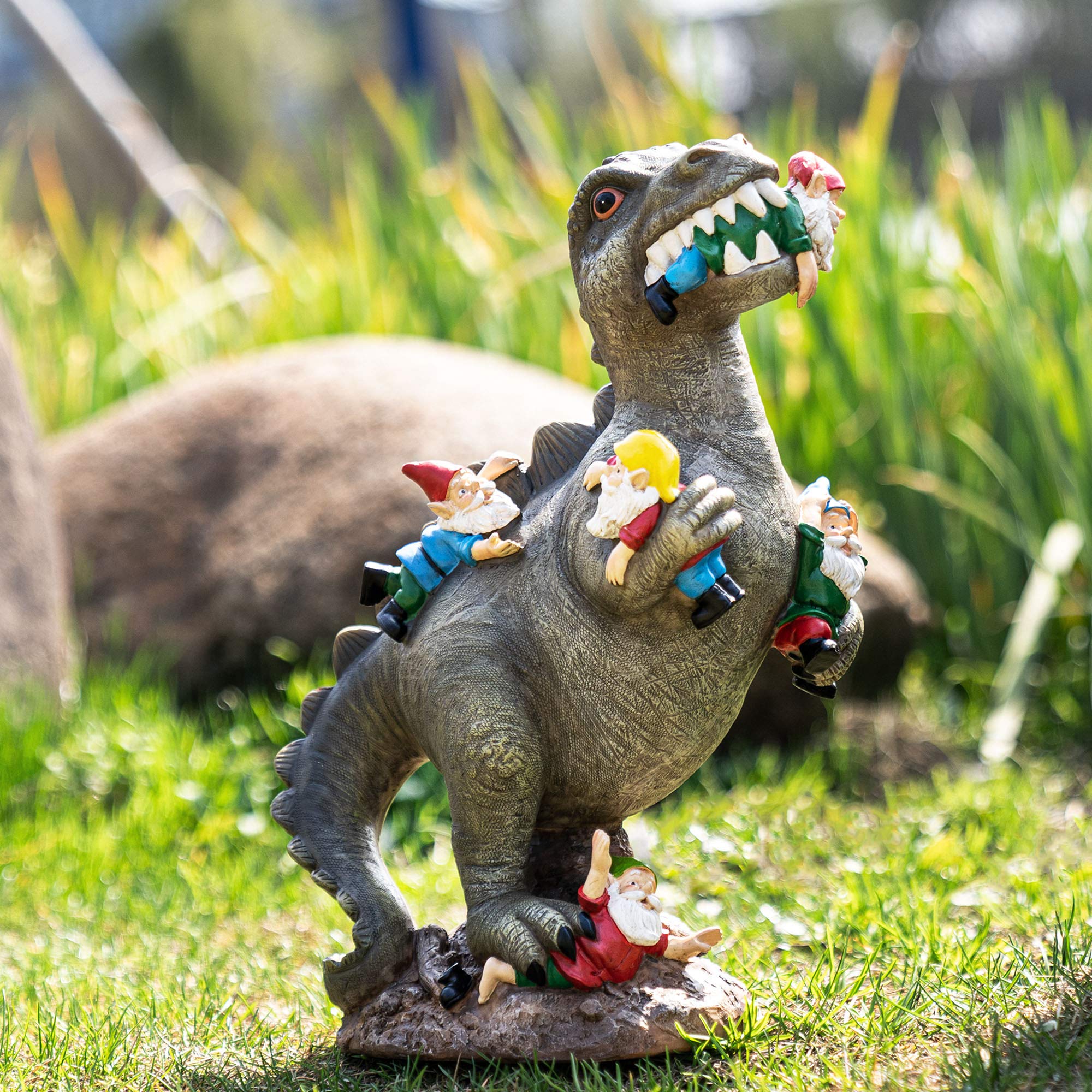 SOWSUN dinosaur gnomes front view statue for vibrant outdoor decor.