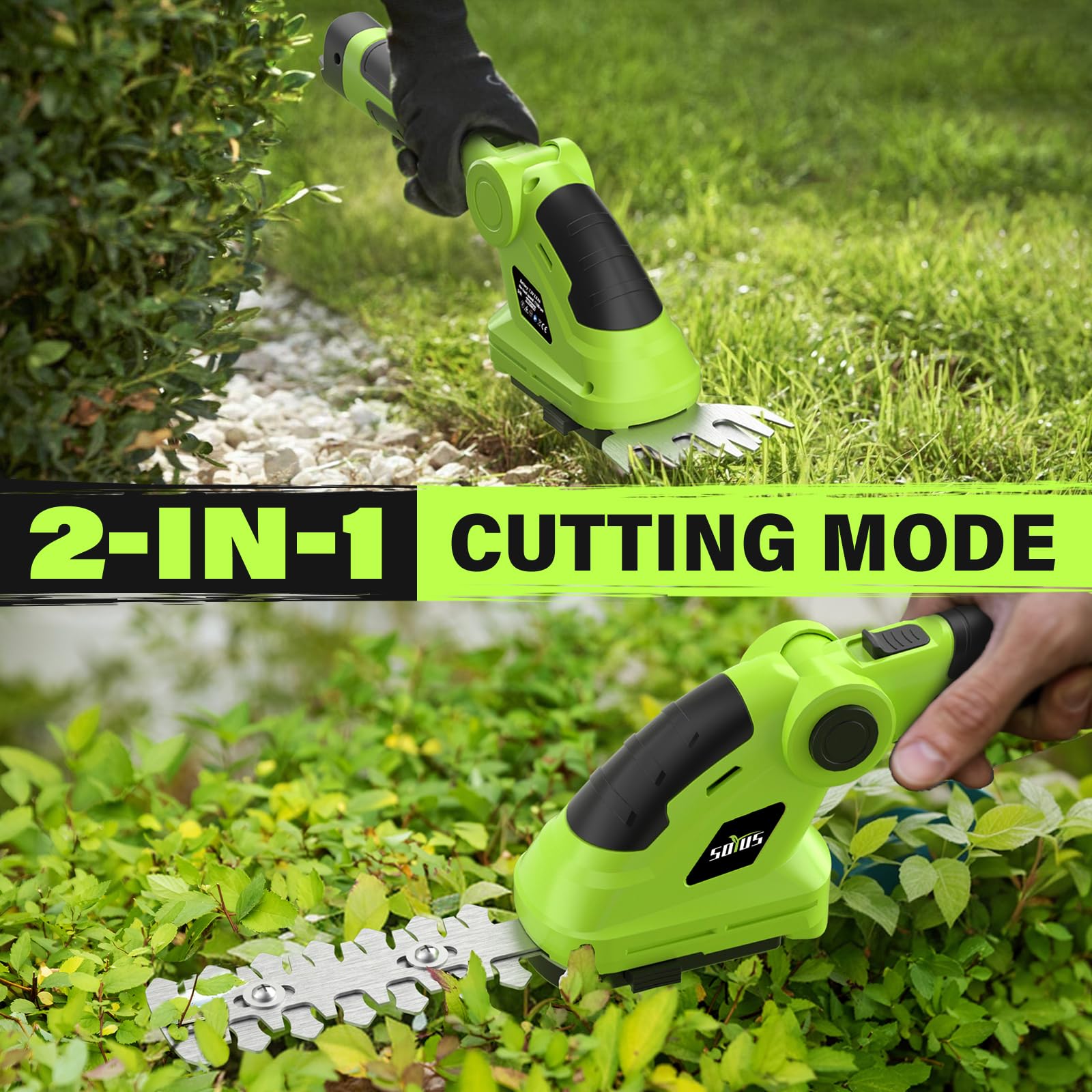 SOYUS 2-in-1 tool enables seamless grass trimming and hedge shaping.
