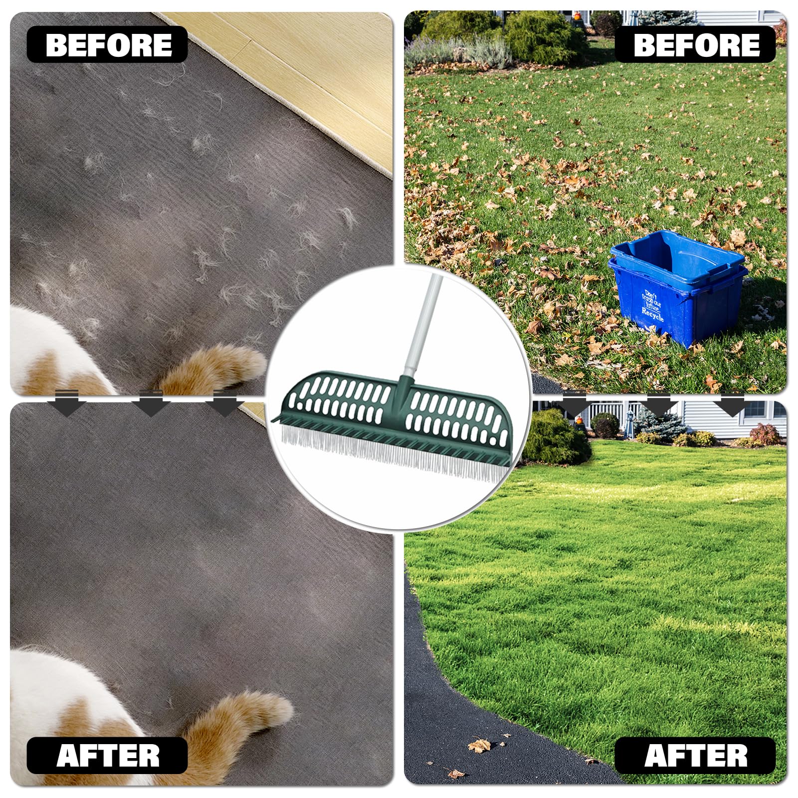SOYUS turf rake in action on artificial grass capturing debris efficiently