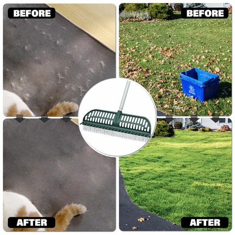 SOYUS turf rake in action on artificial grass capturing debris efficiently
