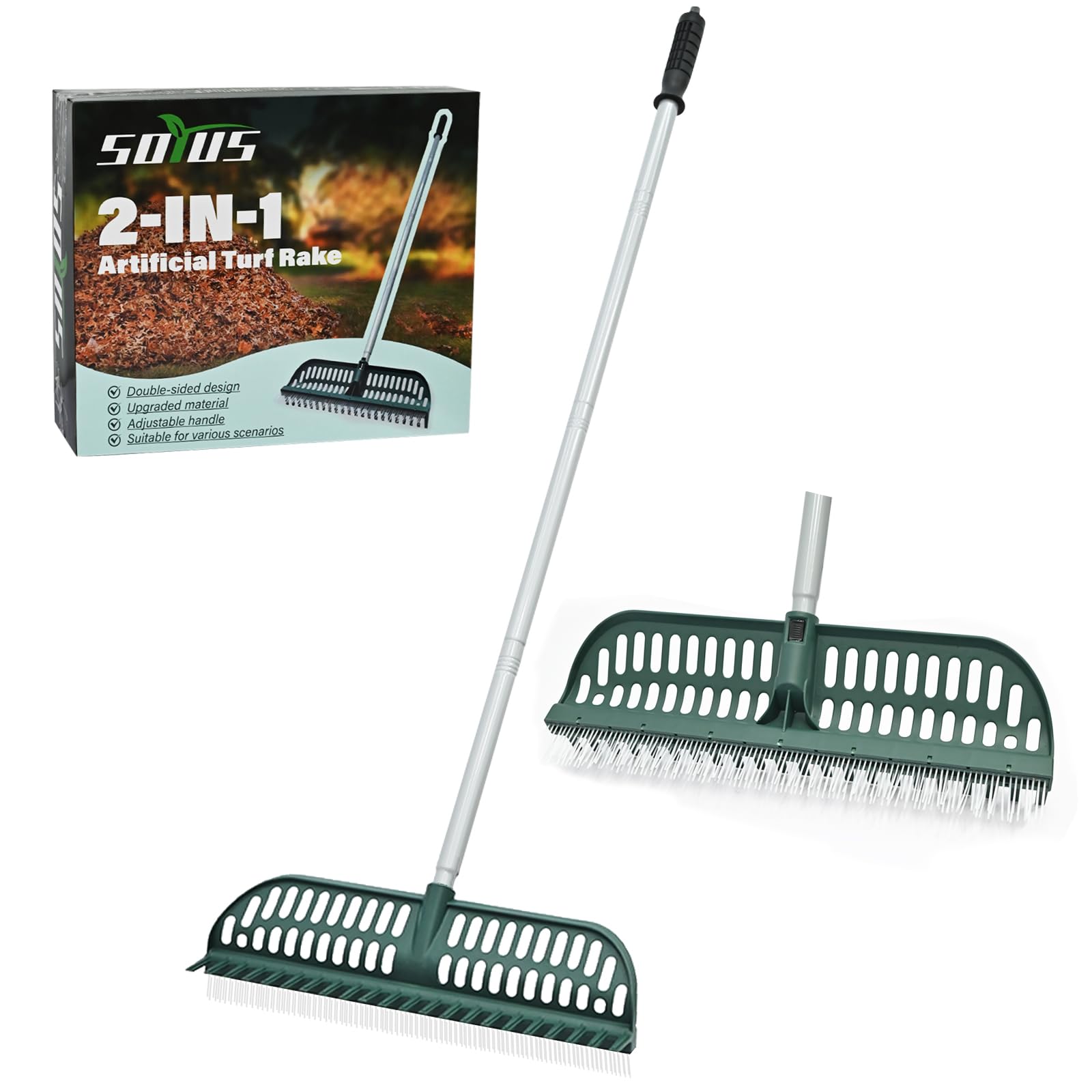 SOYUS artificial turf rake assembly showing quick setup for fast cleanup