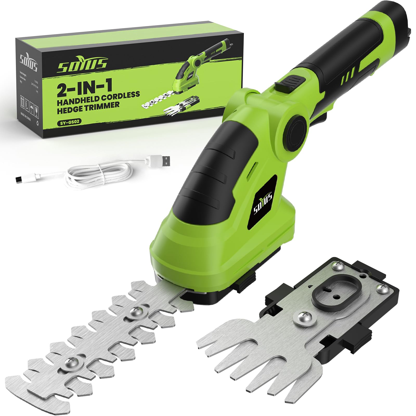 SOYUS cordless hedge trimmer compact design for easy one-handed trimming.