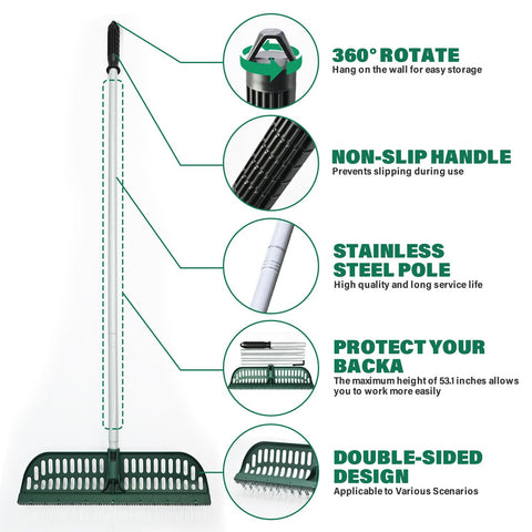 SOYUS rake used on lawn to remove leaves and pine needles