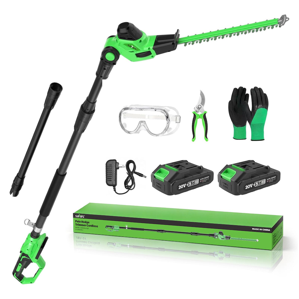 SOYUS hedge trimmer extension pole enabling tall branch access.
