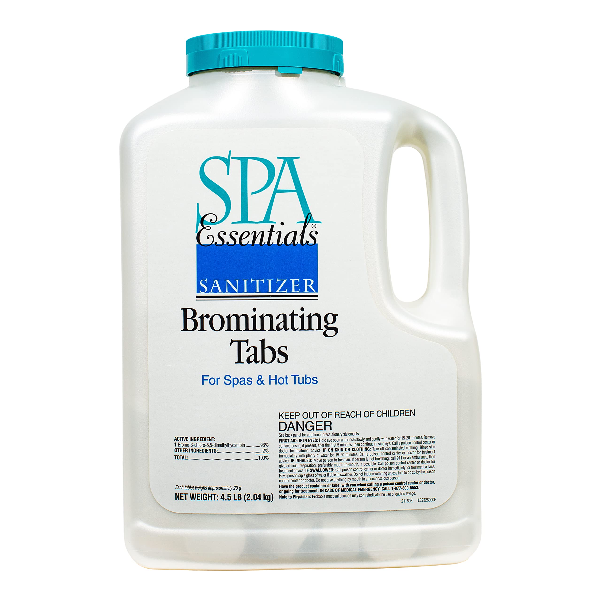 Spa Essentials brominating tablets in bottle for easy, chlorine-smell-free maintenance.