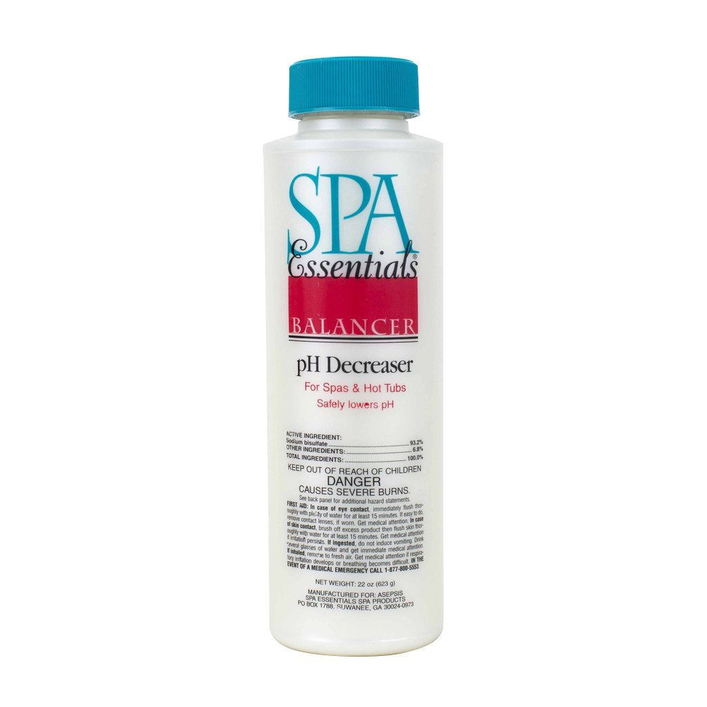 Spa Essentials pH Decreaser bottle pour lowers pH for balanced spa water
