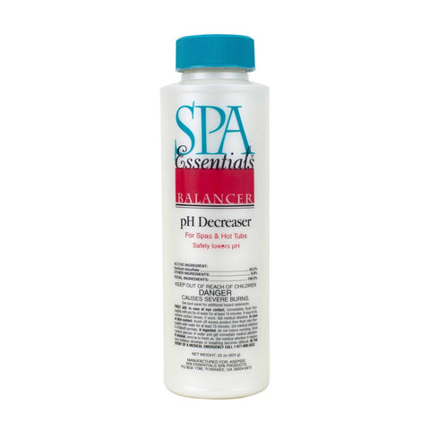 Spa Essentials pH Decreaser bottle pour lowers pH for balanced spa water
