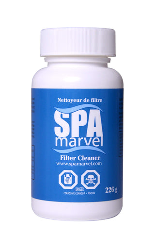 Spa Marvel Filter Cleaner bottle pour demonstrating easy dosing for clean filters