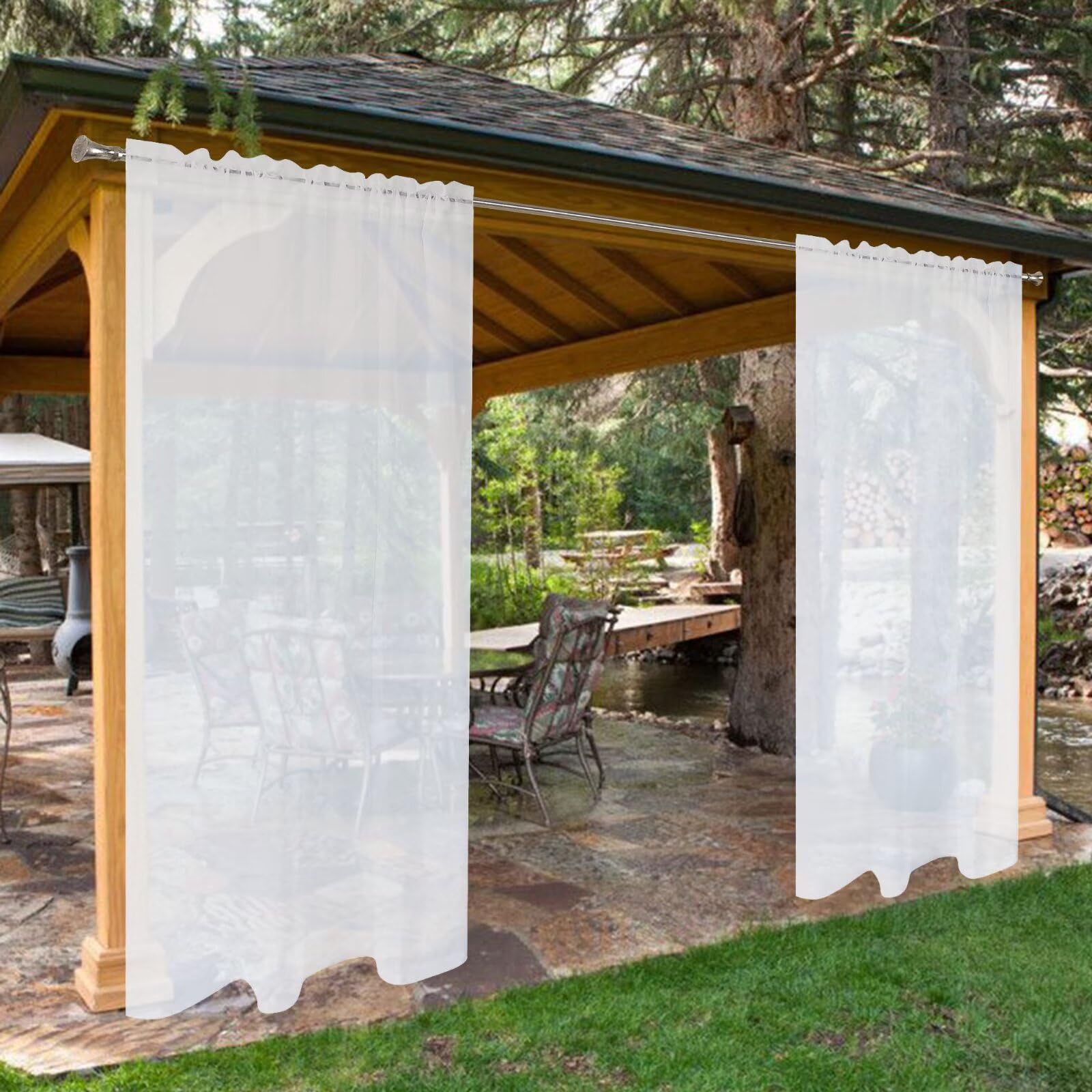 SpaceDresser outdoor sheer curtains in white offer light filtering for patios.