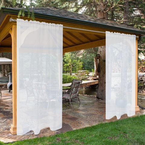 SpaceDresser outdoor sheer curtains in white offer light filtering for patios.