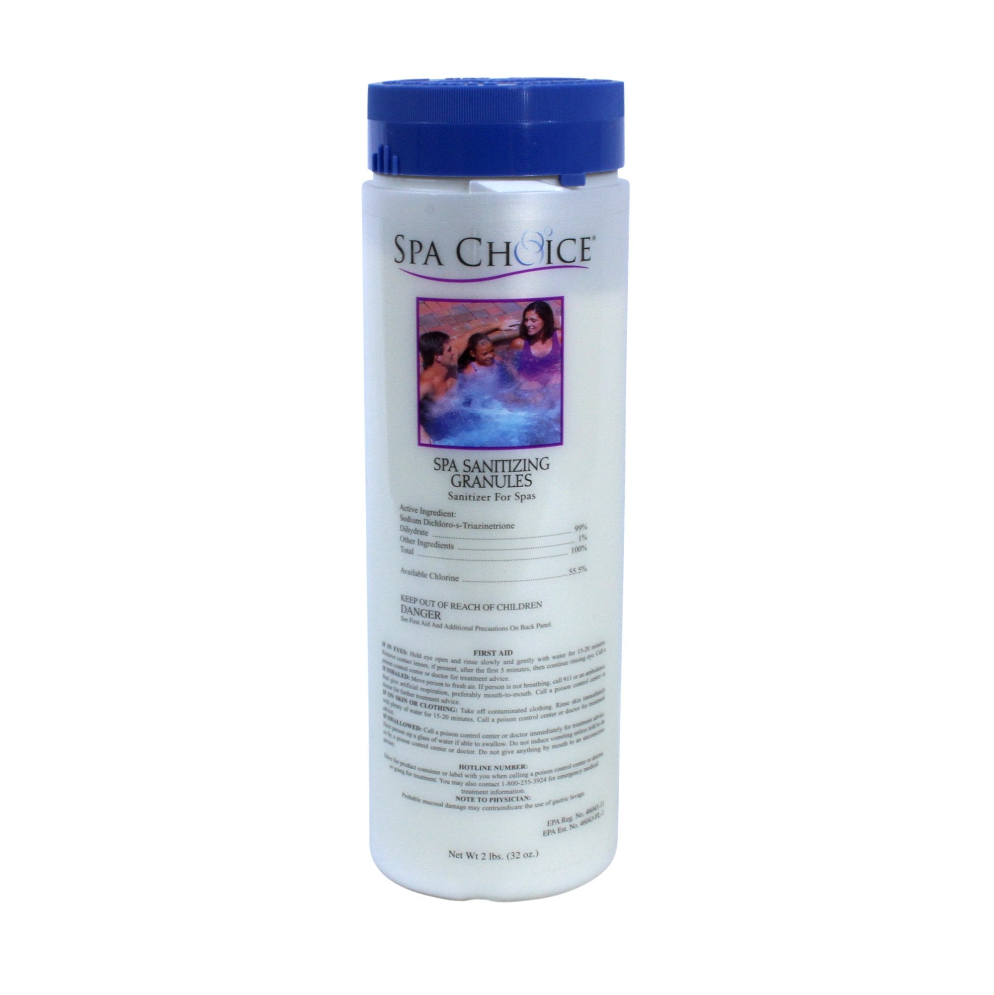 SpaChoice 2-Pounds Premium Spa Sanitizing Granules packaging ready for spa use