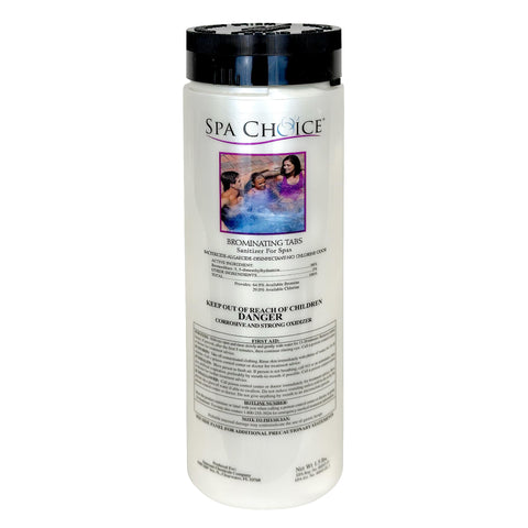 SpaChoice brominating tabs 1.5 lb bottle for easy spa sanitization and smooth water.