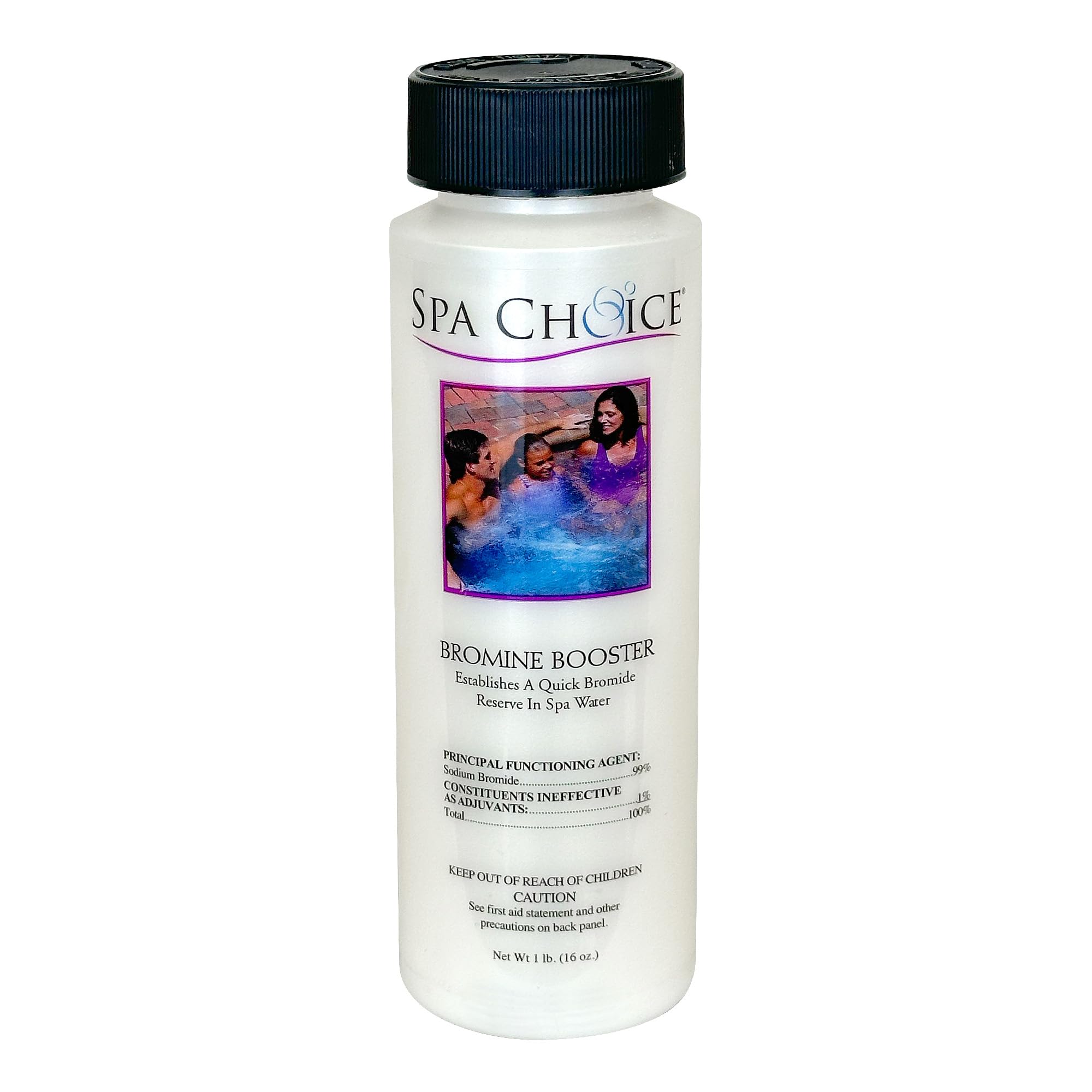 SpaChoice premium bromine booster 1lb bottle to establish bromide reserve in spa water.