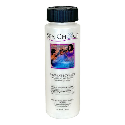 SpaChoice premium bromine booster 1lb bottle to establish bromide reserve in spa water.