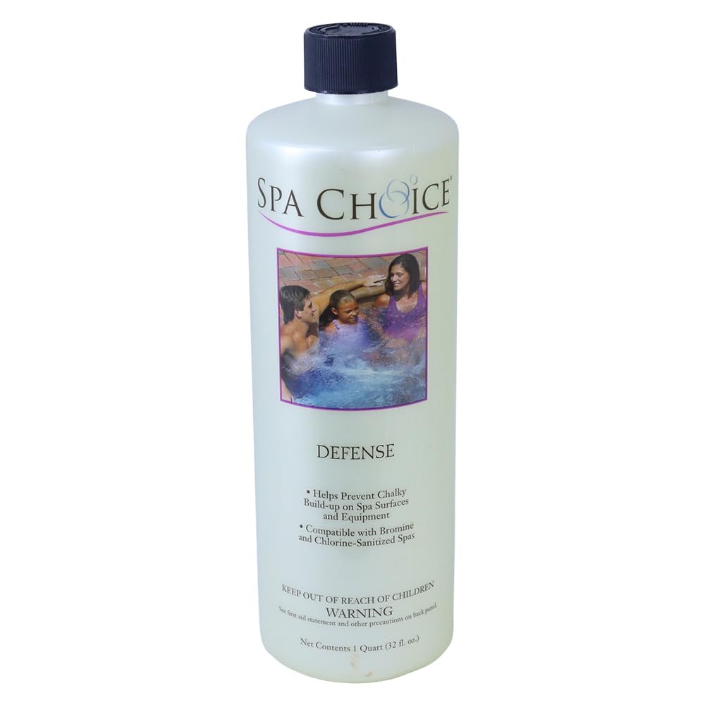 SpaChoice Premium Defense descaler bottle beside a hot tub to prevent scale buildup.