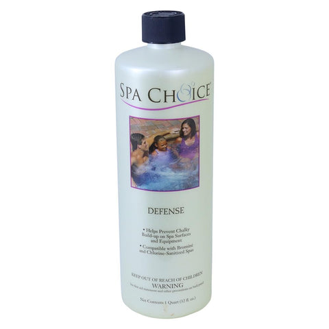 SpaChoice Premium Defense descaler bottle beside a hot tub to prevent scale buildup.