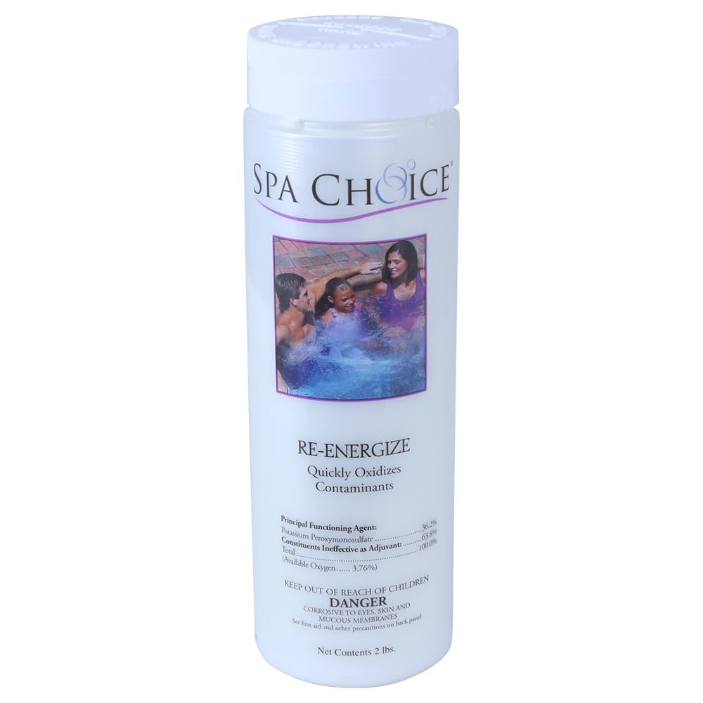 SpaChoice Re-Energize Spa Shock bottle pour showing easy dosing for crystal-clear water