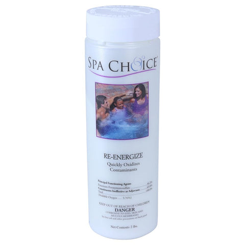 SpaChoice Re-Energize Spa Shock bottle pour showing easy dosing for crystal-clear water