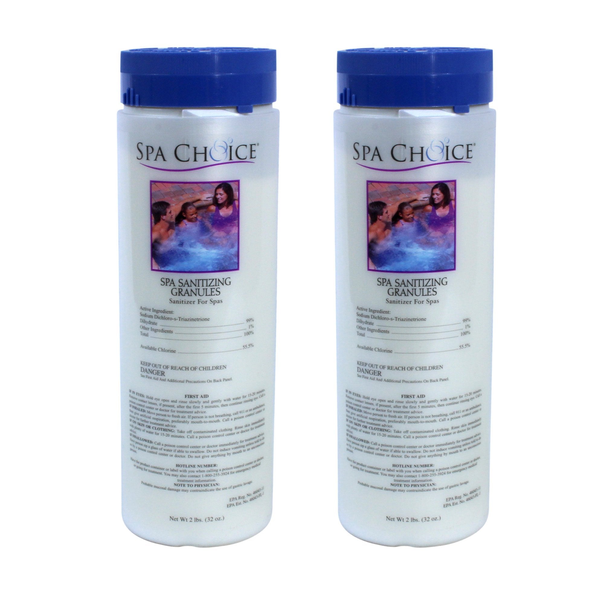 SpaChoice sanitizing granules bottle for quick spa sanitation and easy dosing.