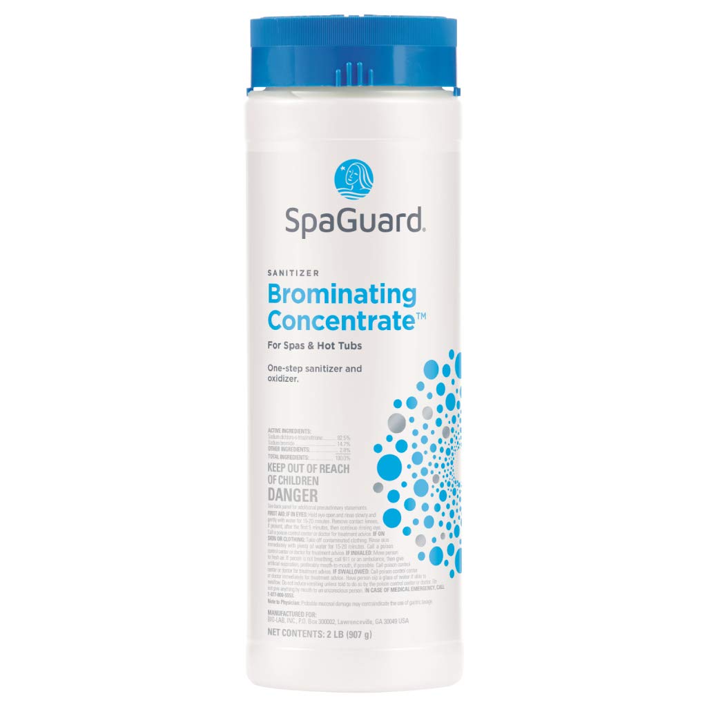 SpaGuard brominating concentrate bottle being poured into spa water for pH-neutral sanitization.